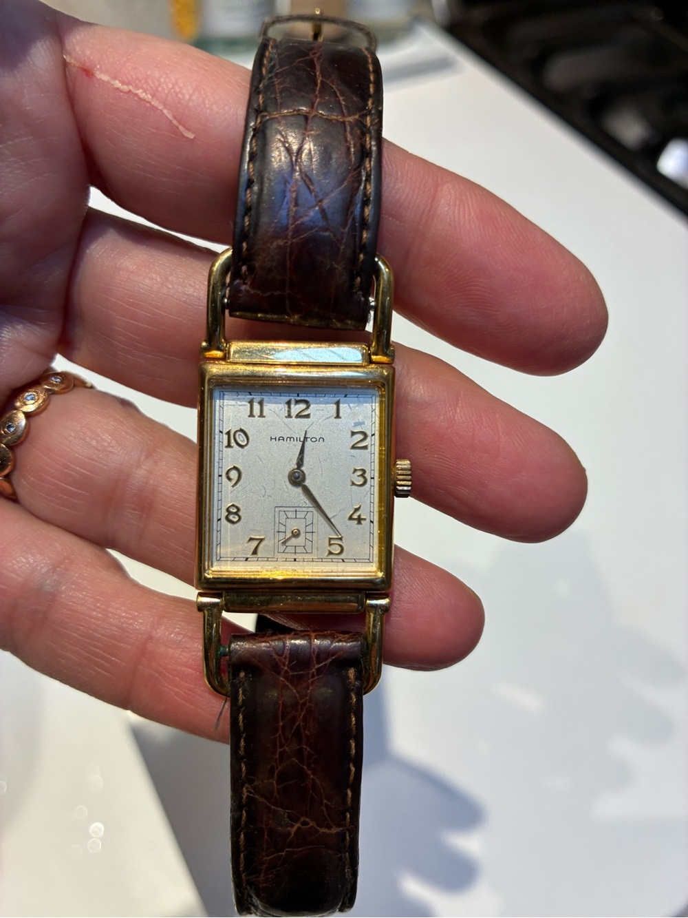 Hamilton Gold-Tone Rectangular Watch with Brown Leather Strap